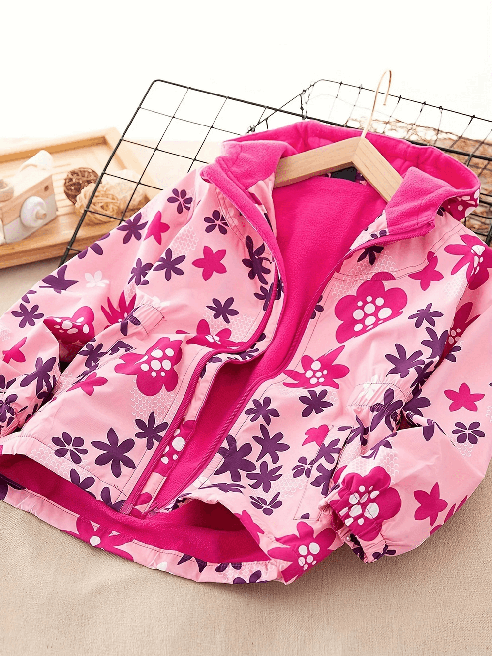 Flower Print Windbreaker Jacket with Fleece Lining - SF3587 for kids with vibrant pink floral design, showing fleece lining and hood.