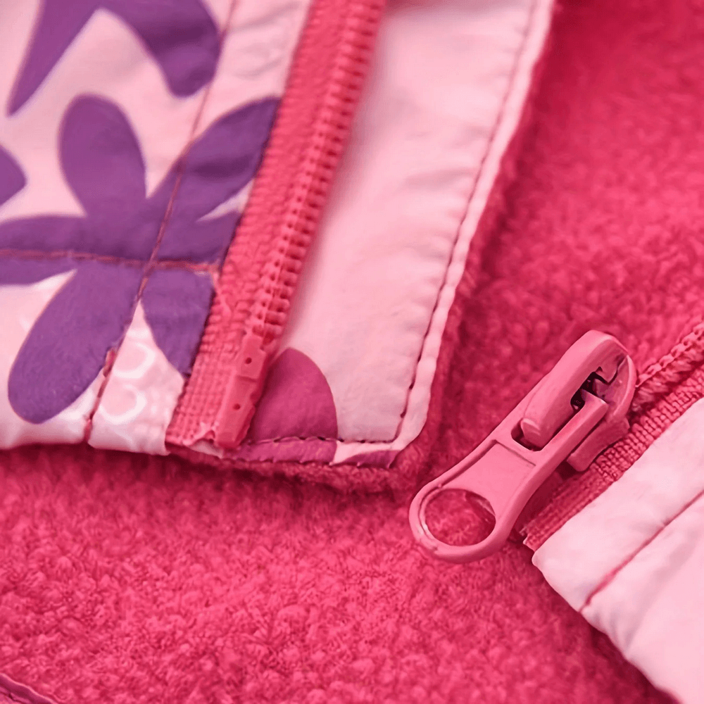 Close-up of Flower Print Windbreaker Jacket with Fleece Lining - SF3587, highlighting vibrant floral design and pink zipper details.