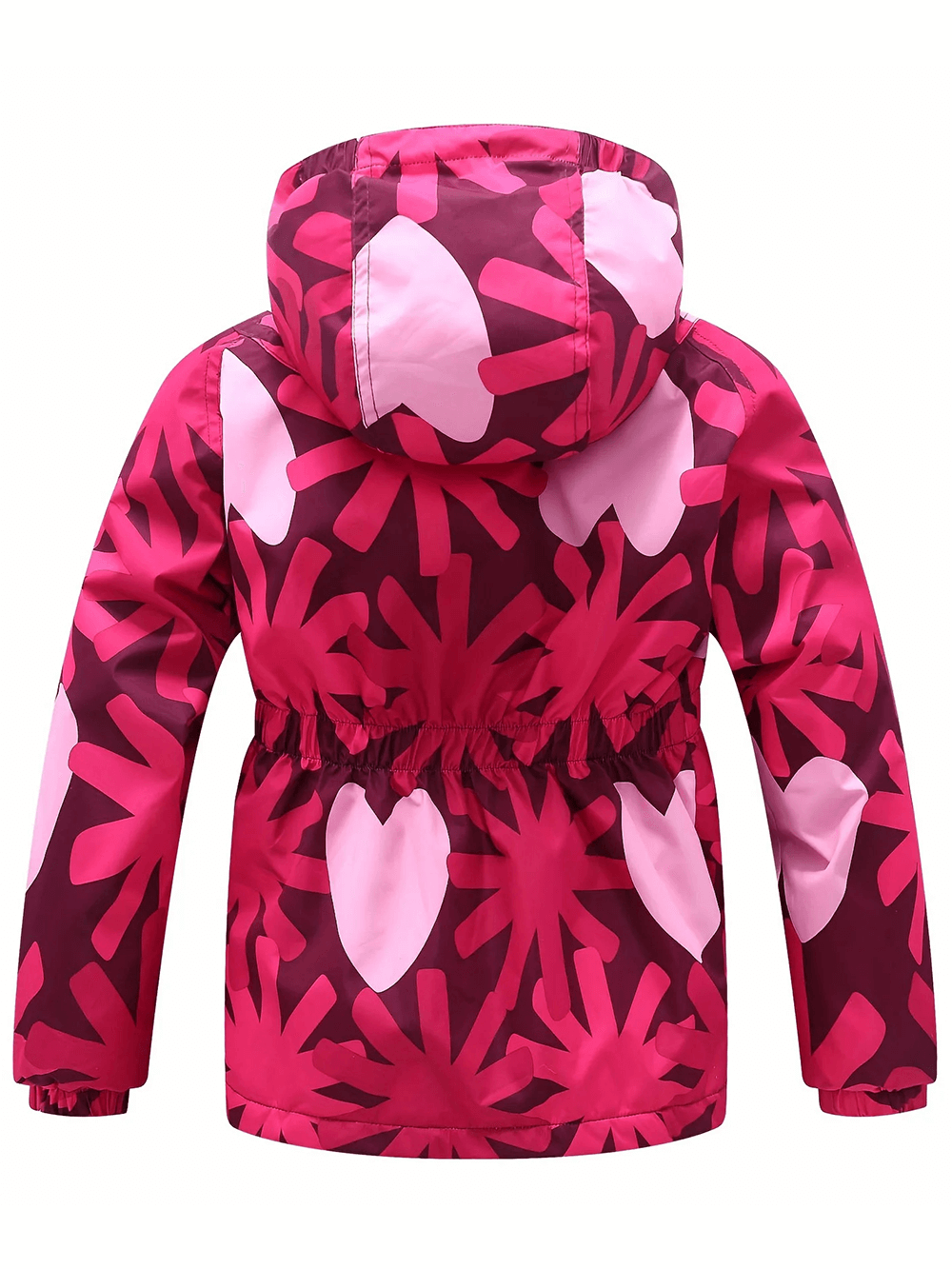 Back view of Flower Print Windbreaker Jacket with Fleece Lining - SF3587, featuring a vibrant pink floral design, hood, and elastic waist.