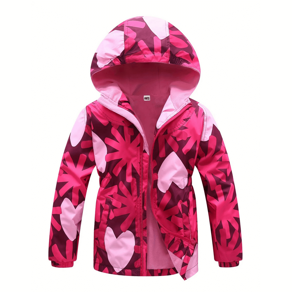Flower Print Windbreaker Jacket with Fleece Lining - SF3587 for kids in vibrant pink with floral design and cozy fleece interior.