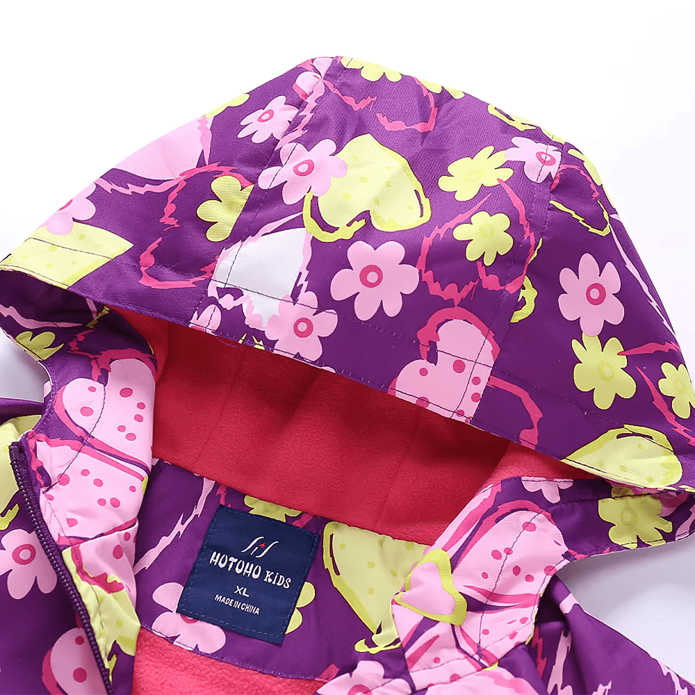 Close-up of kids Flower Printed Windbreaker Jacket with Polar Fleece - SF3588 with vibrant hood and fleece lining.
