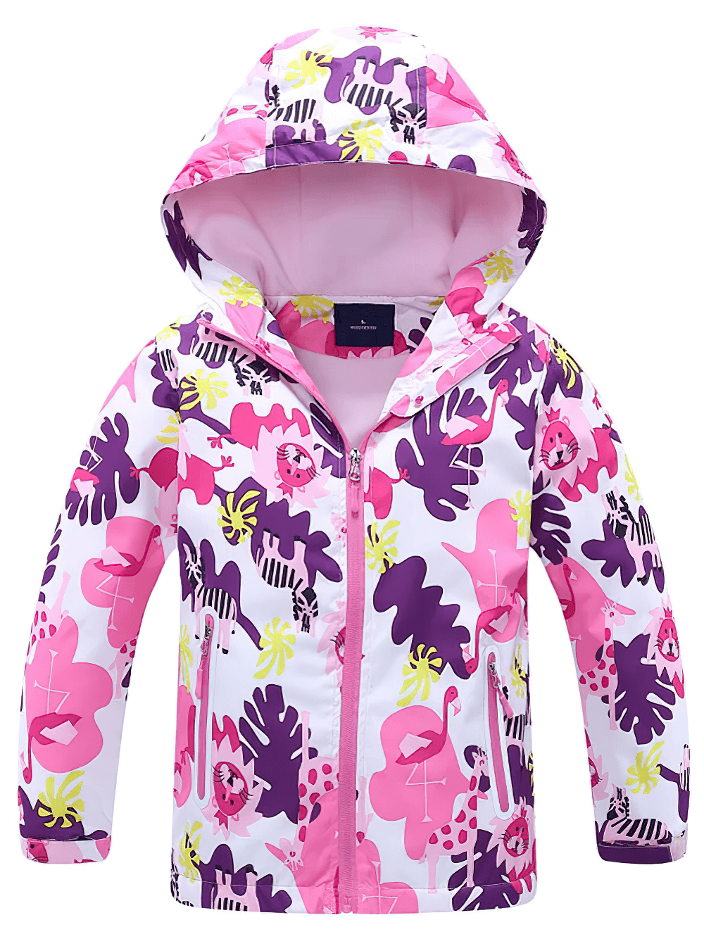 Flower Printed Windbreaker Jacket with Polar Fleece - SF3588: vibrant pink and purple kids' spring jacket with hood and floral design