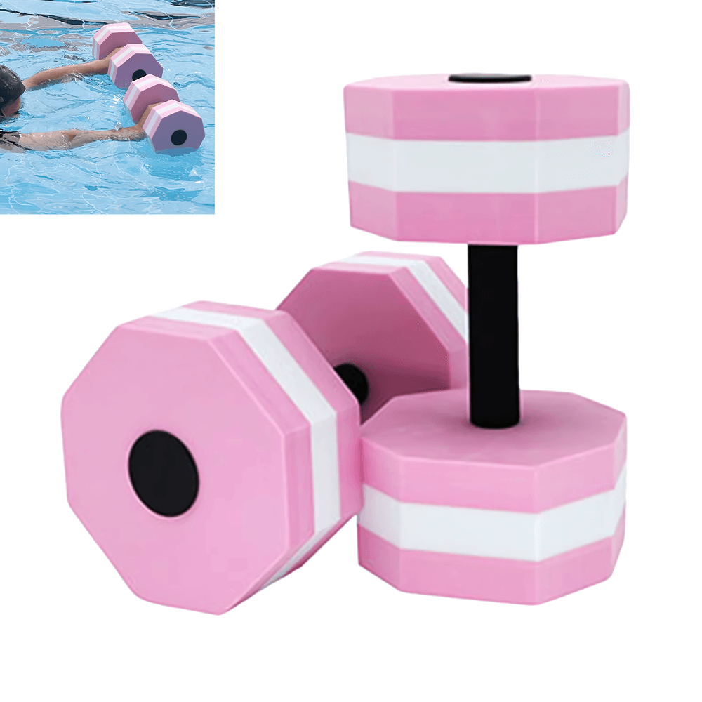 Pink foam floating dumbbells for pool fitness and aquatic exercise, perfect for swim workouts, arm toning, and low-impact training.