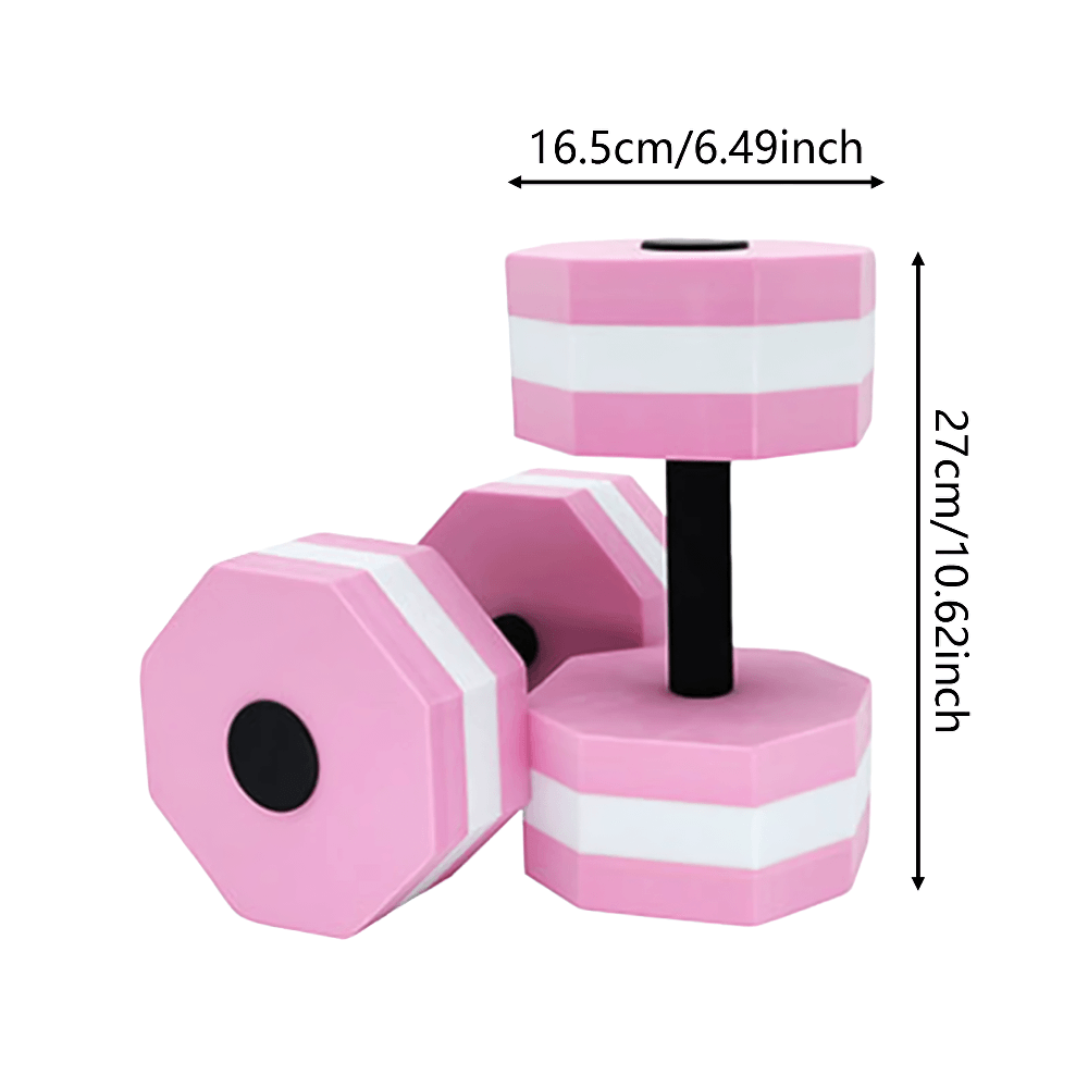 Pink foam floating dumbbells for aquatic fitness, showing measurements. Ideal for swim workouts and pool exercises. SF3344.