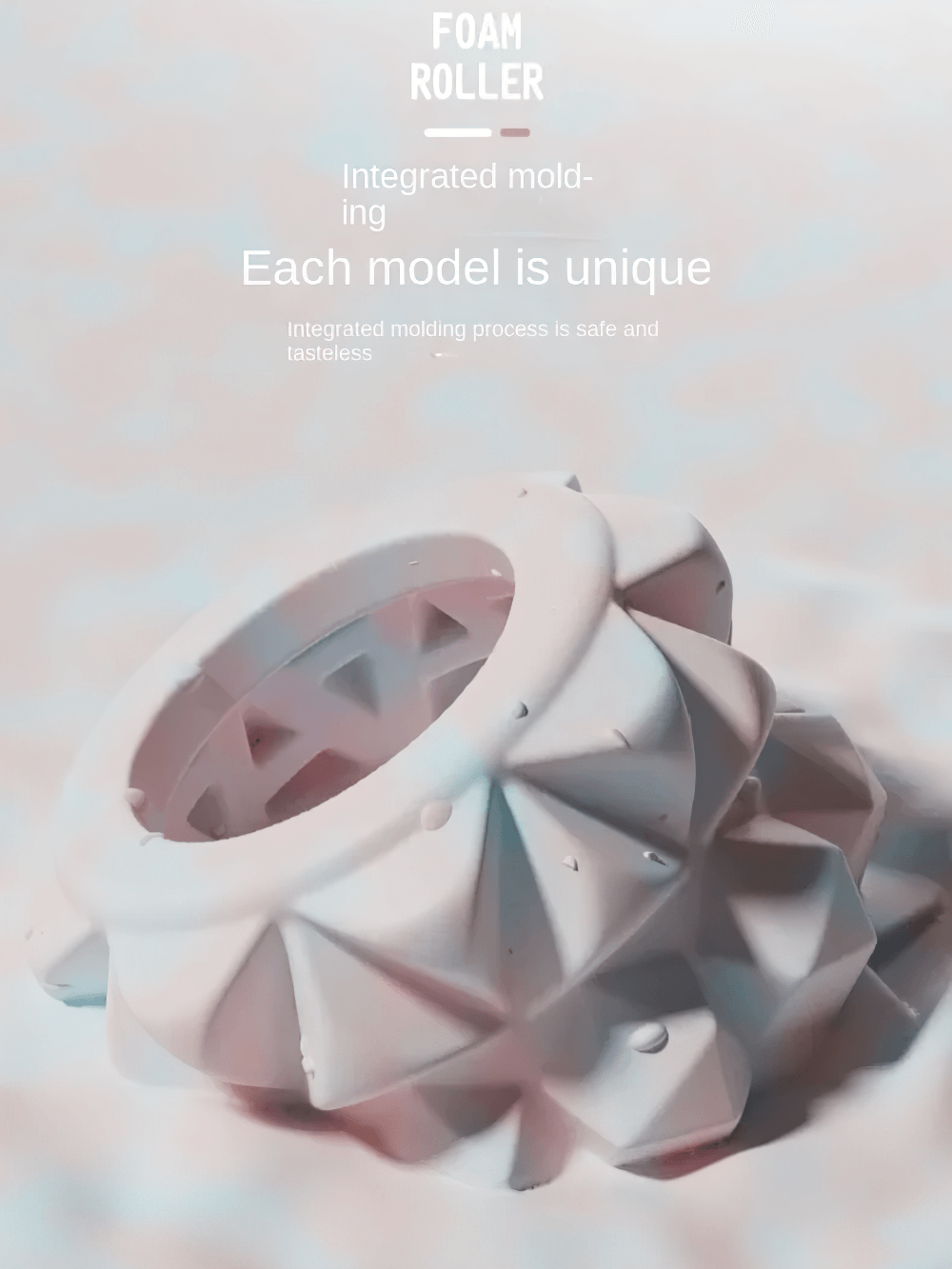 Textured foam roller for muscle massage, ideal for yoga and gym workouts, featuring unique integrated molding design.