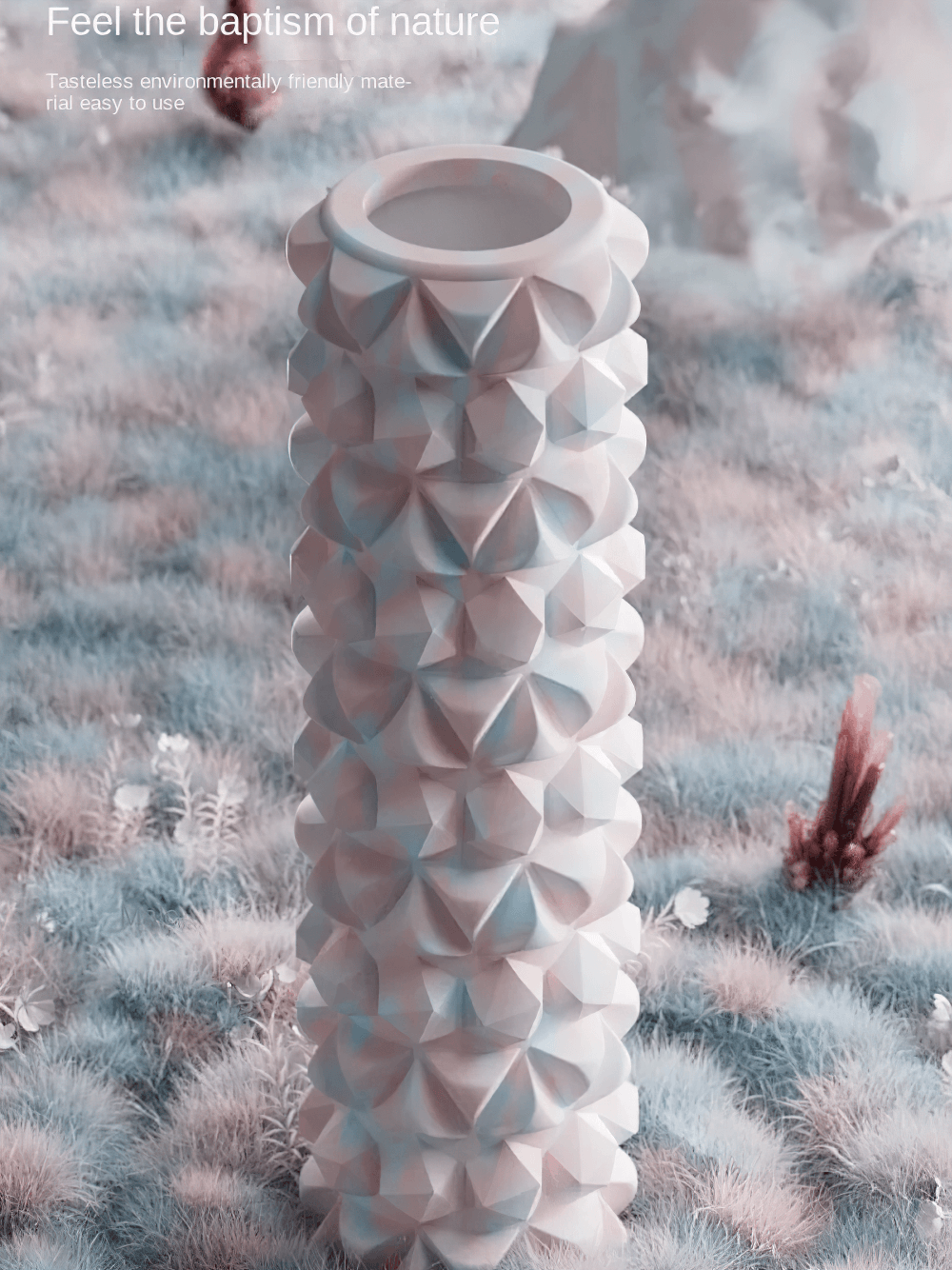 Textured foam roller for gym, yoga, and muscle massage on grass background, ideal for fitness recovery and myofascial release.