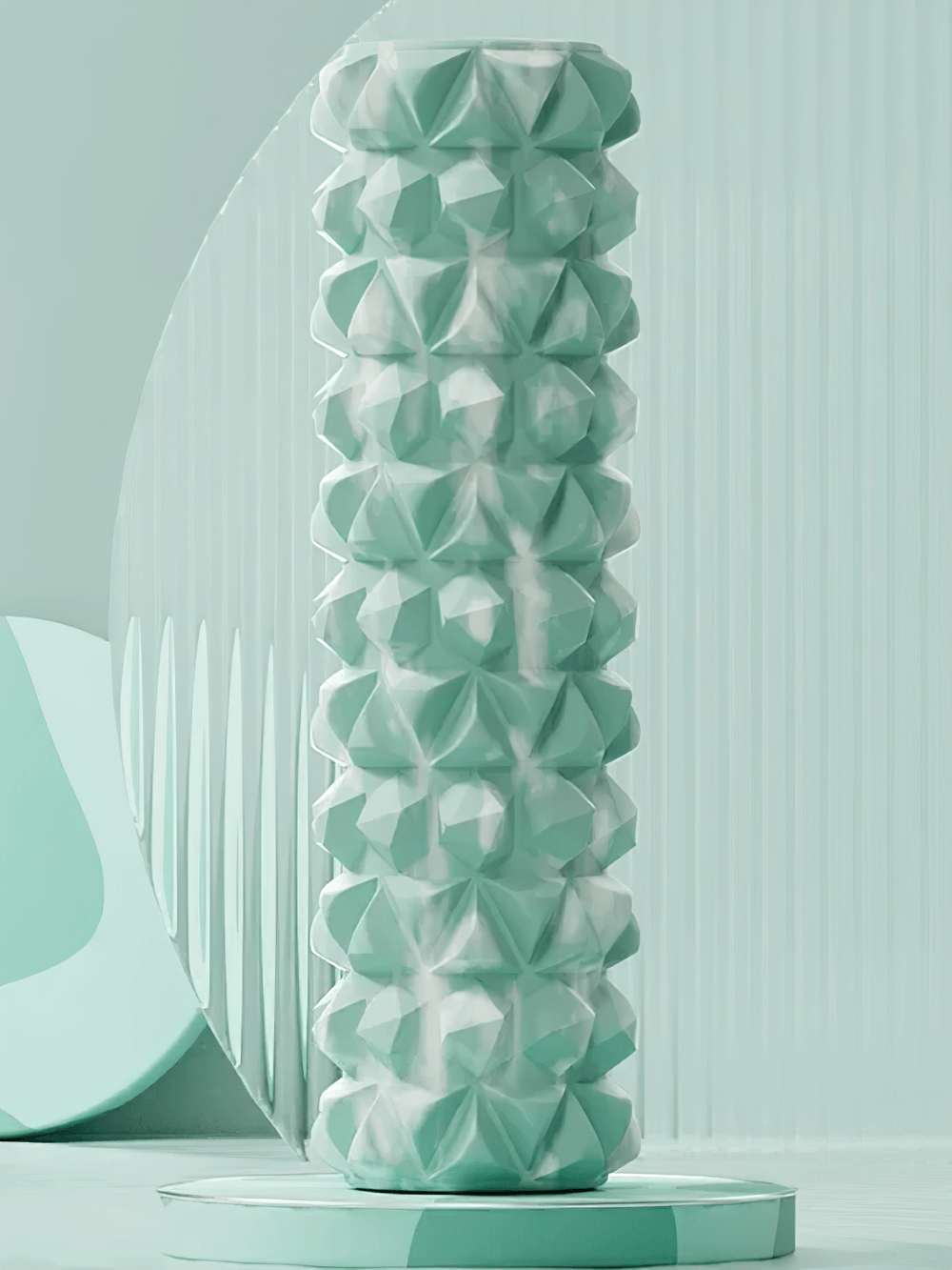 Textured foam roller SF3292 for muscle massage in mint green, ideal for yoga, gym, and sports recovery. Unique design for enhanced circulation.