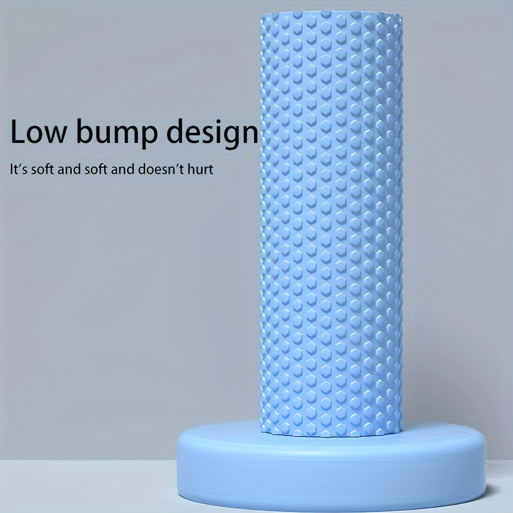 Textured blue foam roller with low bump design for muscle recovery and therapy, suitable for deep tissue massage and post-workout relief.