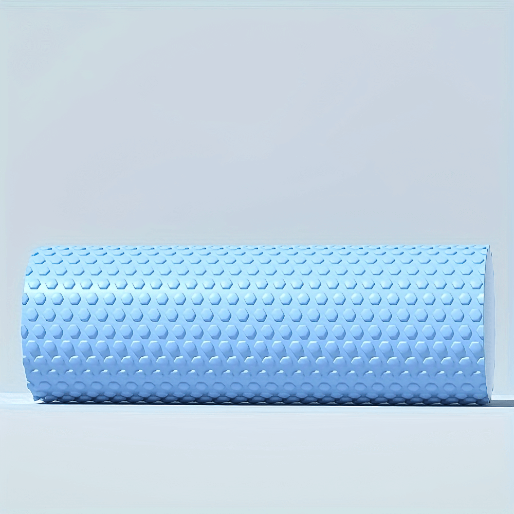 Light blue textured foam roller for deep tissue massage and muscle recovery, ideal for yoga, pilates, and physical therapy sessions.