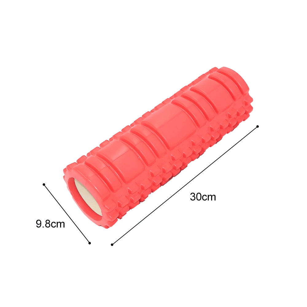 Eco-friendly EVA foam roller in pink, ideal for muscle relaxation and flexibility, measuring 30cm x 9.8cm.