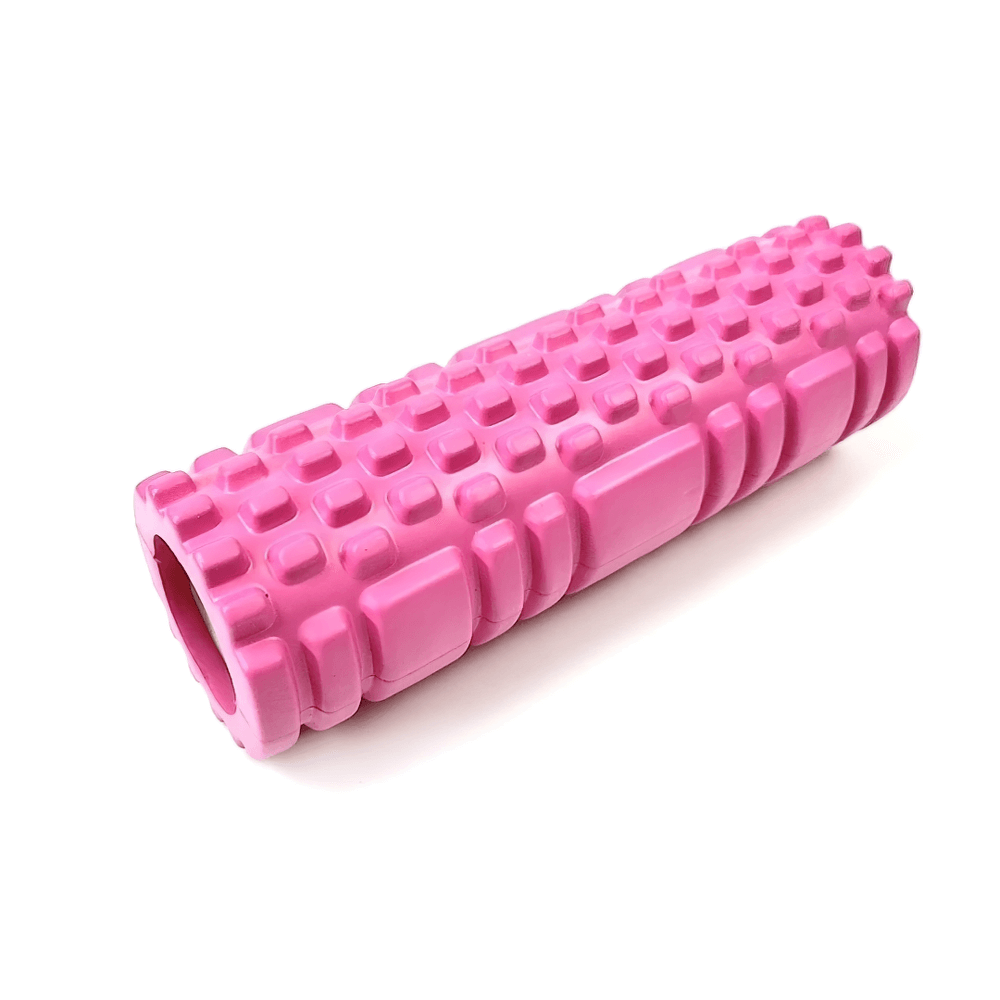 Pink EVA foam roller for muscle relaxation and flexibility, ideal for back and leg pain relief with eco-friendly design.