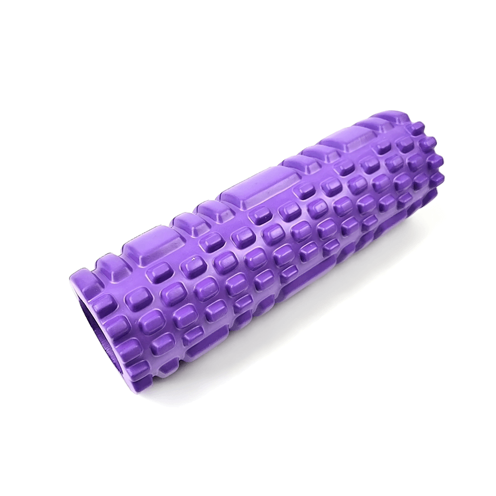 Purple EVA foam roller for muscle relaxation and flexibility, featuring a textured design for deep tissue massage and pain relief.