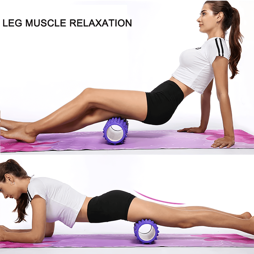 Woman using EVA foam roller for leg muscle relaxation and flexibility training on yoga mat.