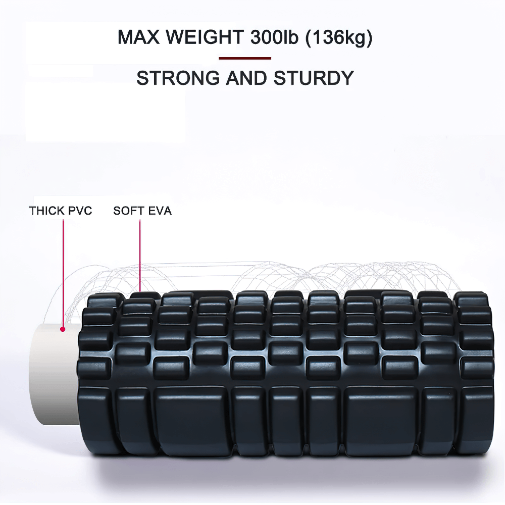 Black EVA foam roller for deep tissue muscle relief, max weight 300lb, strong and sturdy design for back and leg relaxation.