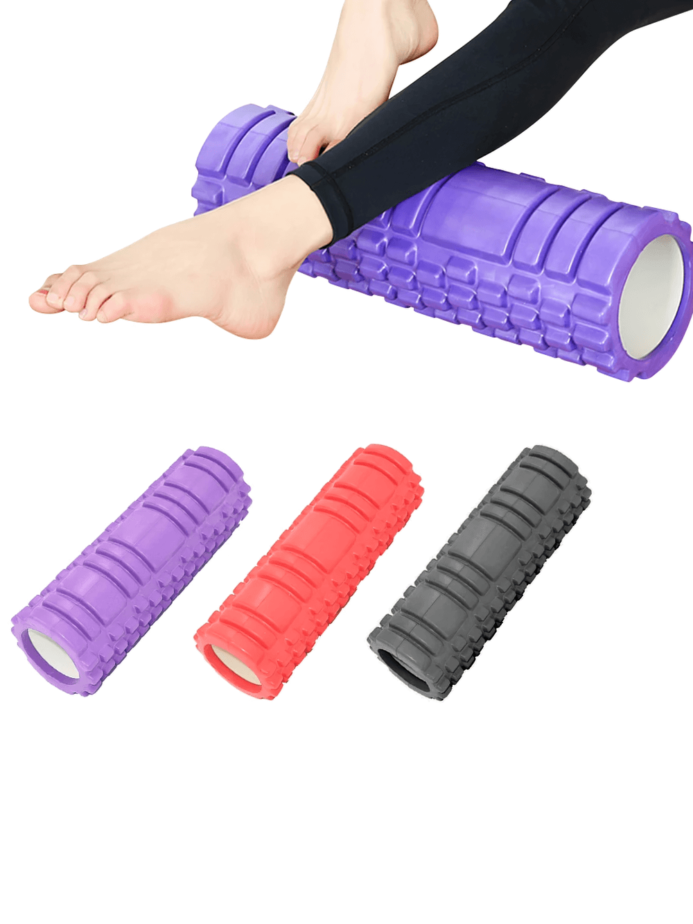 Vibrant foam rollers for muscle relaxation and flexibility, featuring an eco-friendly design for back and leg relief.