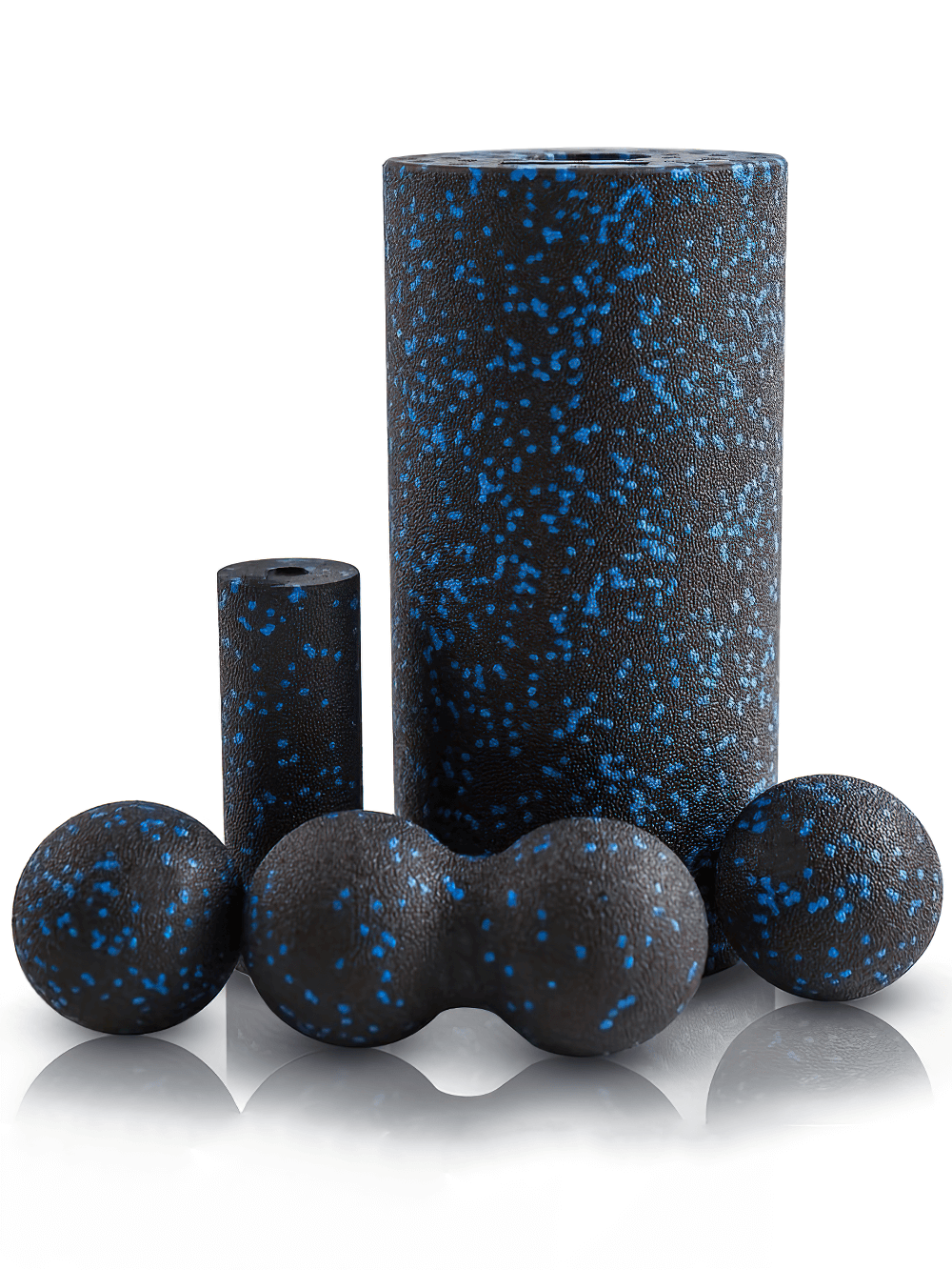 Set of black and blue speckled foam rollers for deep tissue massage and muscle recovery, ideal for yoga and Pilates.