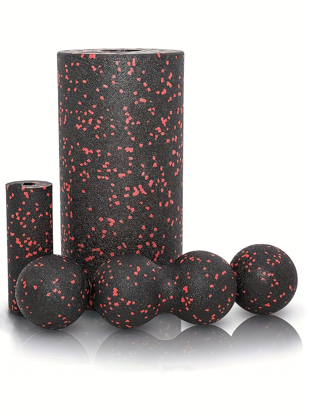 Black and red speckled foam roller set for deep tissue massage, includes various roller sizes for muscle recovery and flexibility.