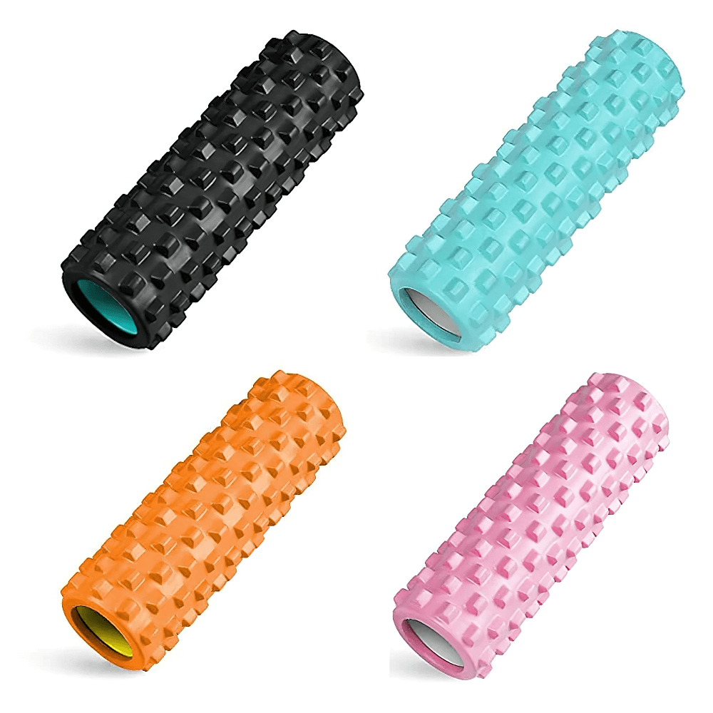 Colorful foam rollers with wolf-teeth design for deep tissue massage, fitness, and Pilates. Available in black, teal, orange, and pink.