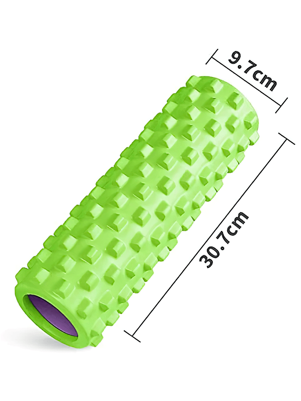 Lime green foam roller with textured surface and dimensions 9.7cm by 30.7cm for deep tissue massage, yoga, and Pilates support.
