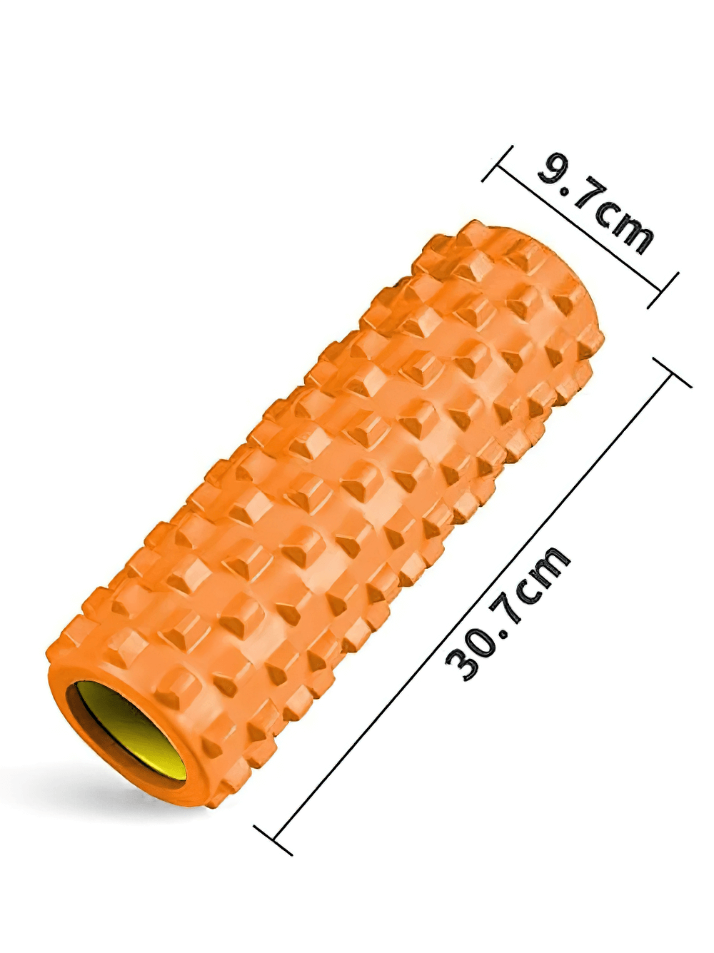Orange wolf-teeth foam roller yoga stick for deep tissue massage, dimensions 30.7cm x 9.7cm, ideal for Pilates and fitness stretching.