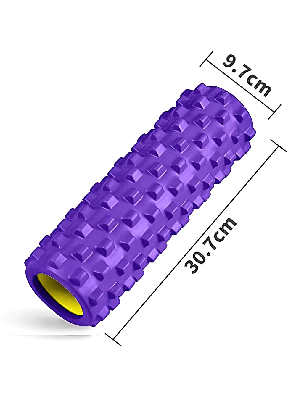 Purple wolf teeth foam roller for deep tissue massage, fitness, and yoga with measurements of 9.7cm diameter and 30.7cm length.