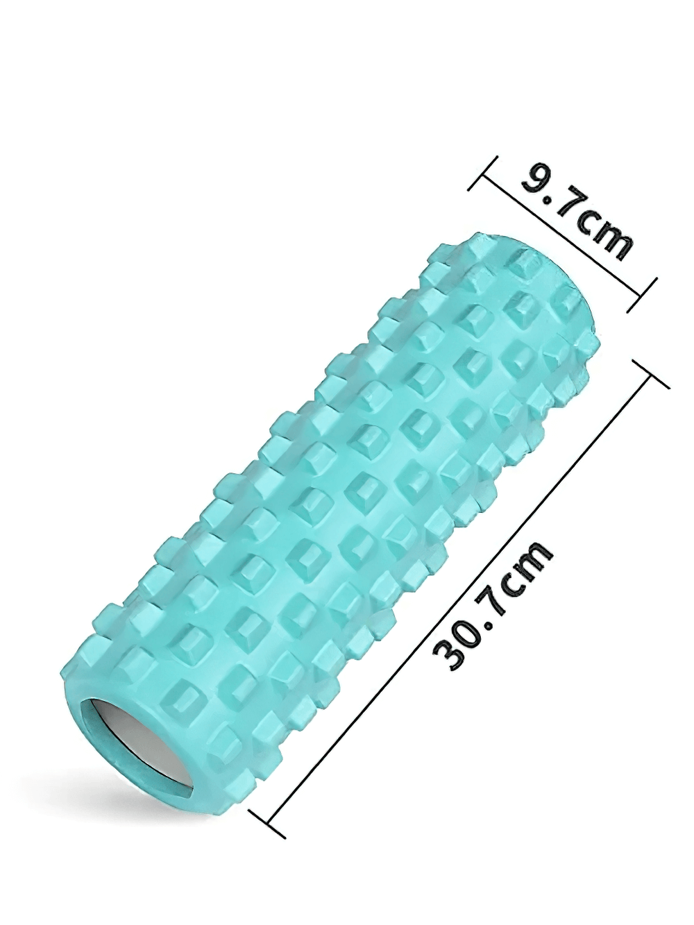Turquoise wolf-teeth foam roller for deep tissue massage, yoga, and Pilates, measuring 30.7cm x 9.7cm, ideal for recovery.