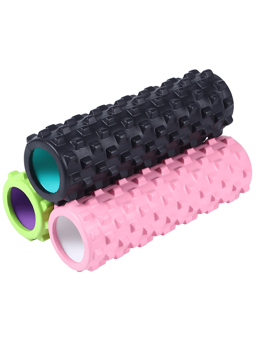 Colorful wolf-teeth foam rollers for yoga and Pilates, targeting deep tissue massage and muscle recovery.