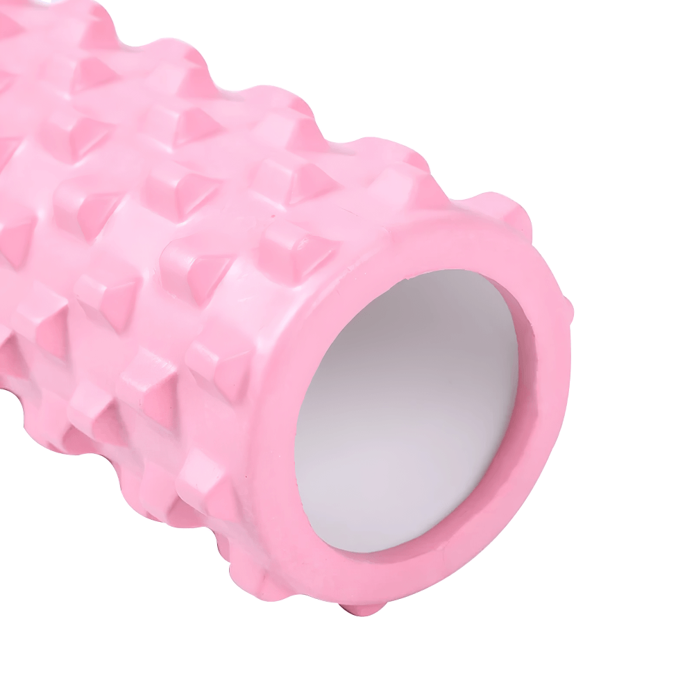 Wolf-teeth pink foam roller for deep tissue massage and Pilates, perfect for recovery and flexibility. Compact design, model SF3420.