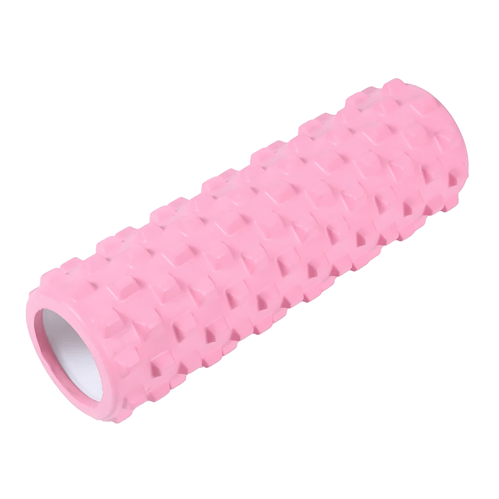 Pink wolf-teeth foam roller yoga stick for deep tissue massage and Pilates. Compact, textured design for enhanced recovery and flexibility.