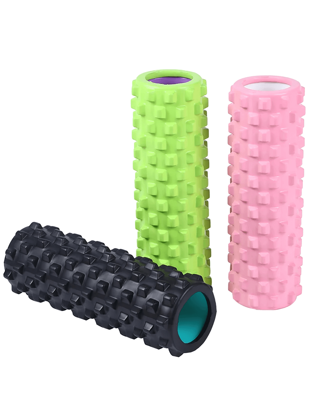 Vibrant foam roller yoga sticks in pink, green, and black for deep tissue massage, perfect for Pilates and recovery exercises.