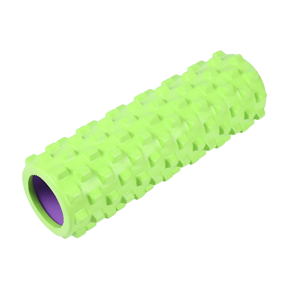 Green wolf teeth foam roller yoga stick for deep tissue massage and Pilates, compact and textured for fitness recovery and flexibility.