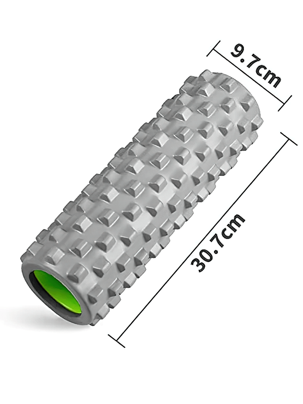 Gray foam roller with wolf teeth design for deep tissue massage and fitness, measuring 30.7 cm in length and 9.7 cm in diameter.