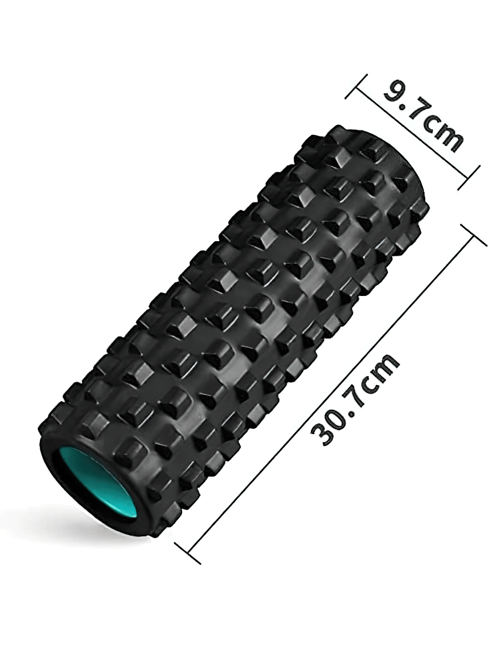 Black mini foam roller stick for deep tissue massage and yoga, 30.7cm long, 9.7cm wide, with textured surface for grip.