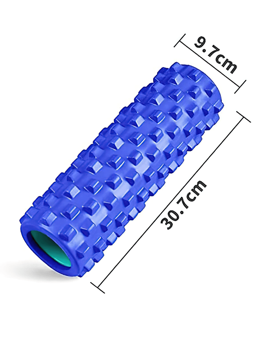 Blue mini foam roller for yoga and Pilates, 9.7x30.7 cm, with textured surface for deep tissue massage and muscle recovery.