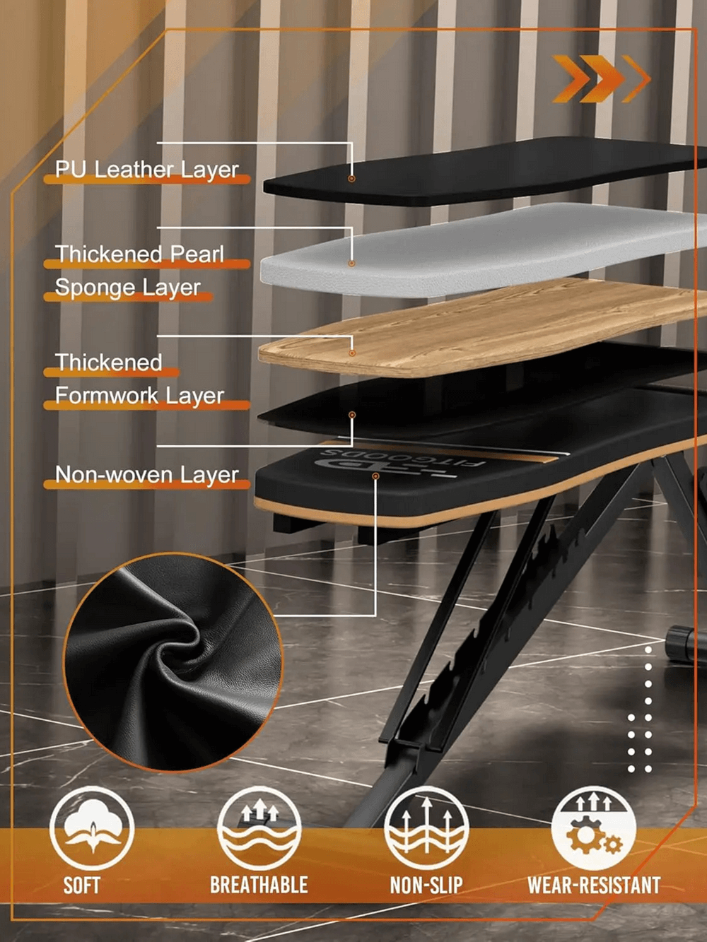 Cross-section of foldable adjustable weight bench press materials, showcasing PU leather, sponge, and formwork layers for durability.