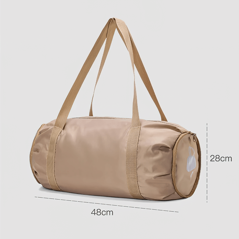 Foldable lightweight training duffel bag in beige with shoulder straps, 48cm length, 28cm height, perfect for sports and travel.