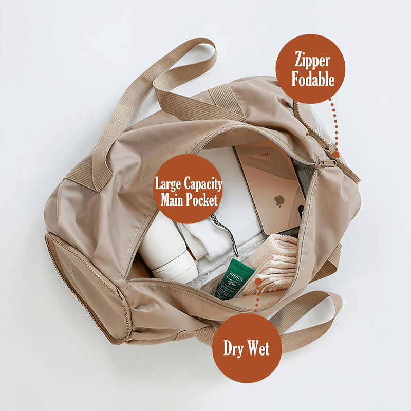 Open foldable lightweight training duffel bag SF1991 showcasing large main pocket with secure zipper and dry/wet compartments.