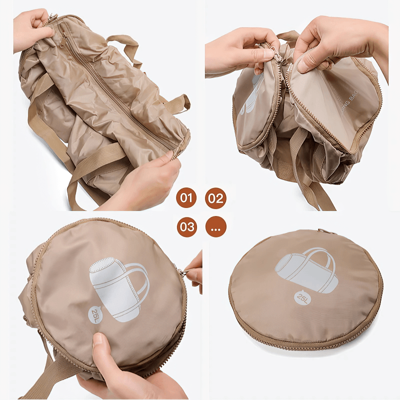 Person folding lightweight duffel bag into compact pouch, showcasing easy storage and portability for travel and sports activities.