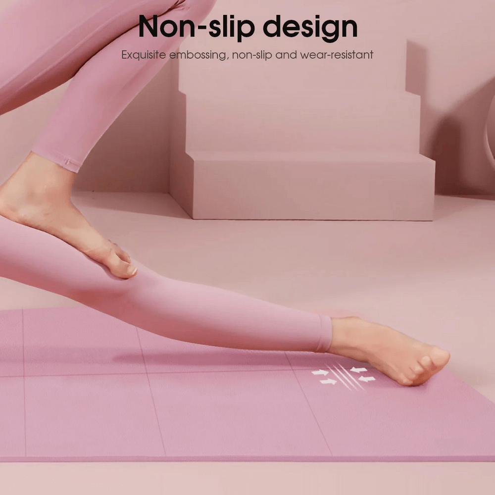 Yoga mat being used for stability, showing its non-slip design in a pink shade. Ideal for yoga, pilates, and exercise routines.