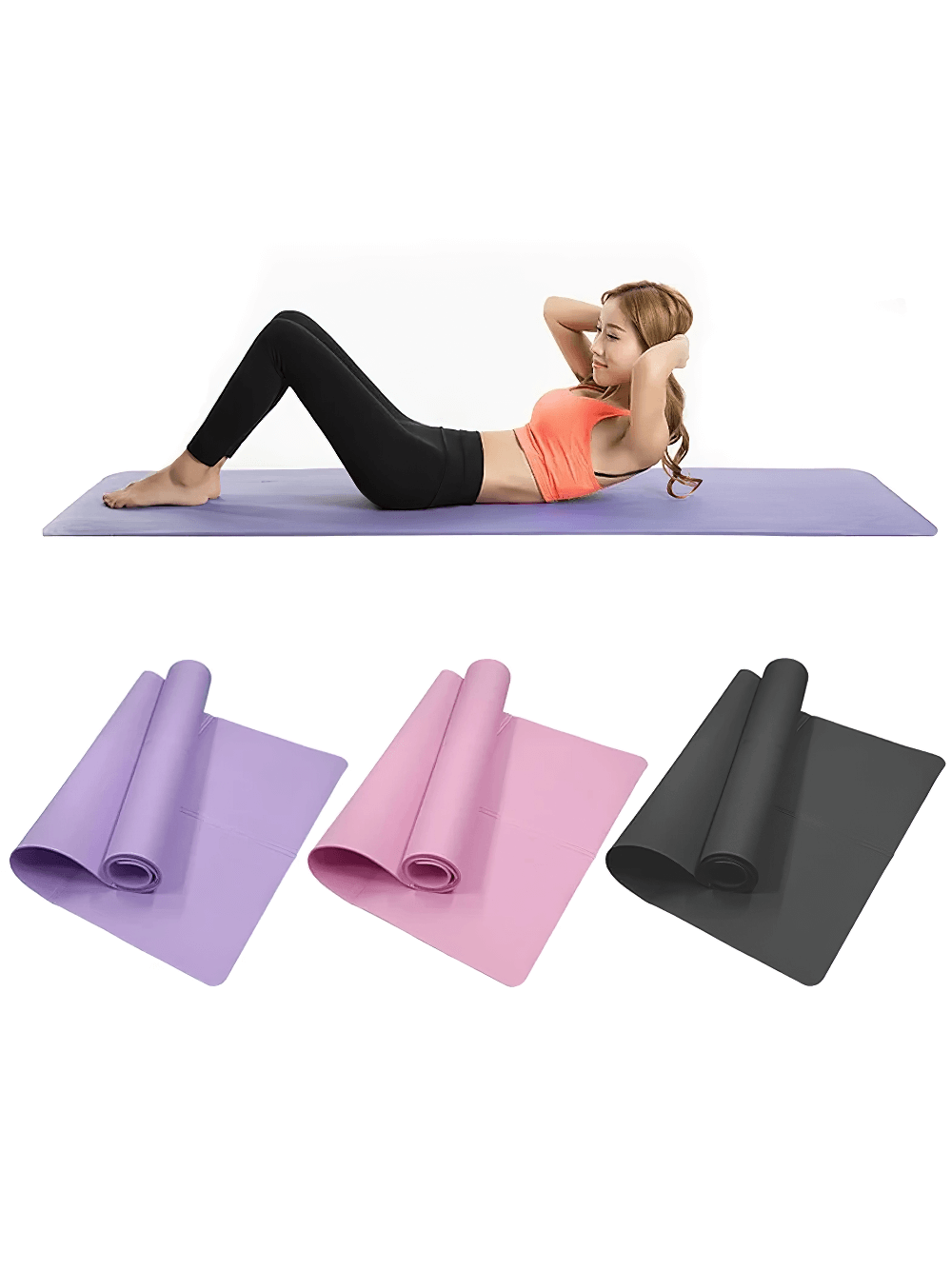 Woman exercising on a foldable non-slip yoga mat in purple, with three color options: pink, lavender, and black.