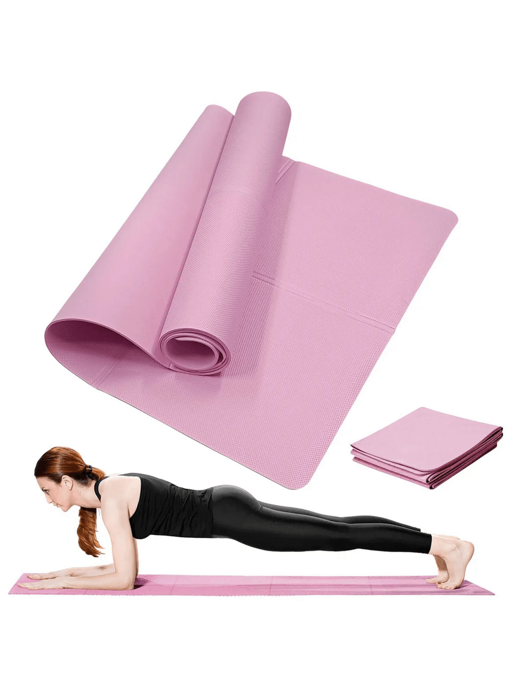 Woman doing plank on pink foldable non-slip yoga mat for pilates and fitness