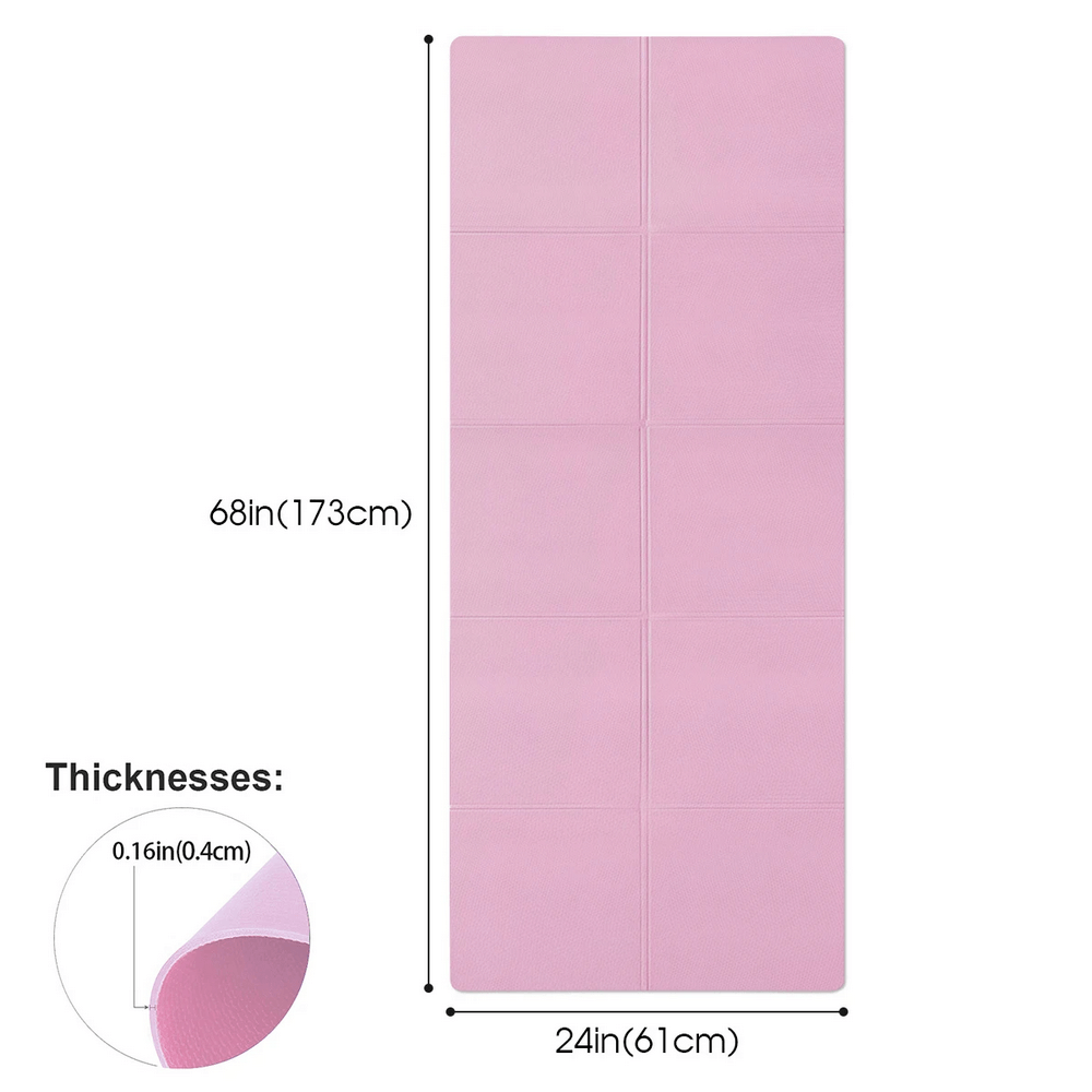 Pink foldable non-slip yoga and exercise mat, 68x24 inches, ultra-thin 0.16 inch thickness, ideal for yoga and pilates workouts.