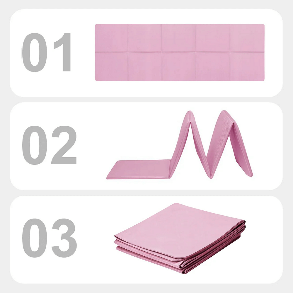 Step-by-step folding of a pink yoga mat, showing its transformation from full size to compact for easy storage and portability.
