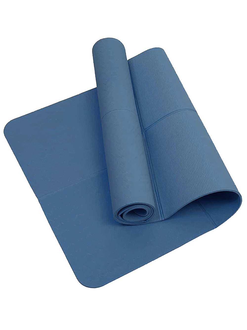 Foldable blue TPE yoga mat with anti-slip and shock-absorbing features, ideal for meditation, pilates, and fitness activities.