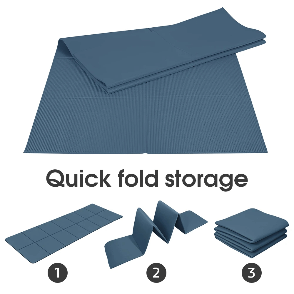 Foldable TPE yoga mat with anti-slip design, showing easy storage in three steps, ideal for home gym and travel.