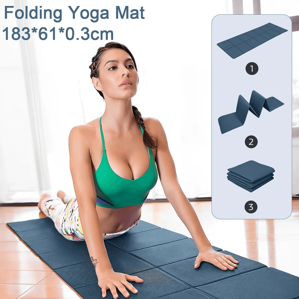 Woman practicing yoga on a foldable TPE mat with anti-slip design, ideal for Pilates, meditation, and travel workout.
