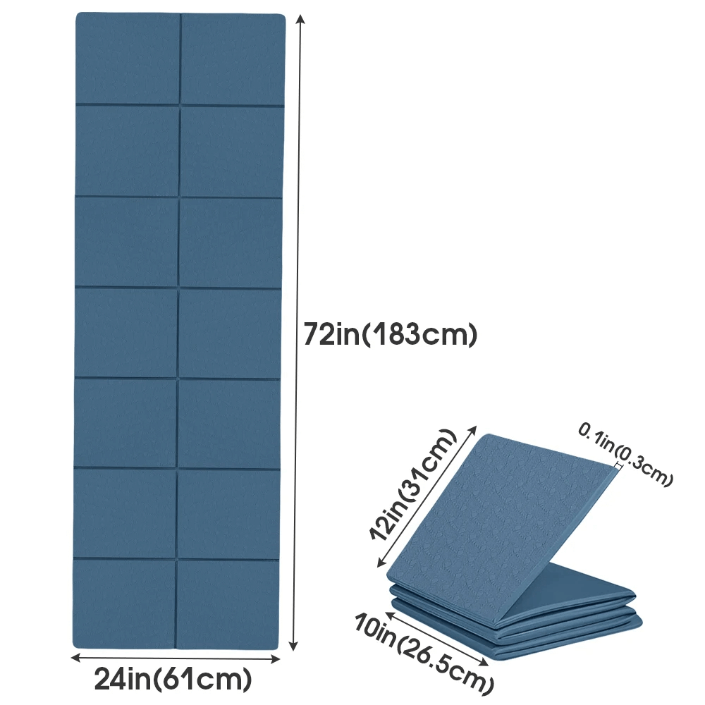 Foldable TPE yoga mat in blue, dimensions 72x24 inches, lightweight and anti-slip, perfect for travel and fitness.