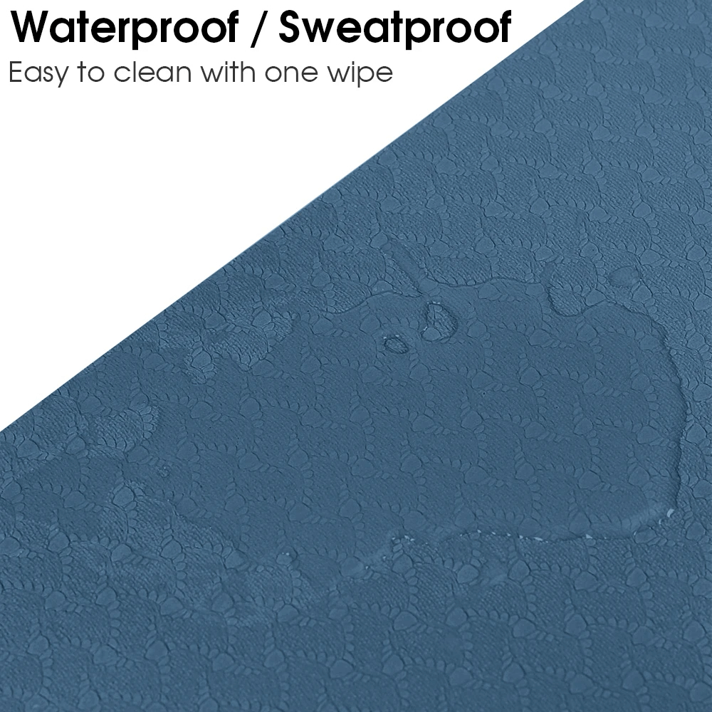Waterproof and sweatproof TPE yoga mat in close-up, showing easy-to-clean surface. Ideal for meditation and exercise with anti-slip grip.
