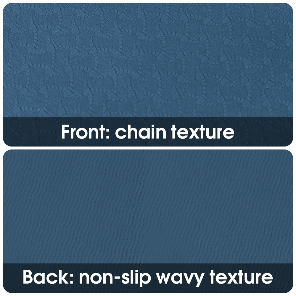 Blue yoga mat with front chain texture and back non-slip wavy texture design for secure grip during workouts.