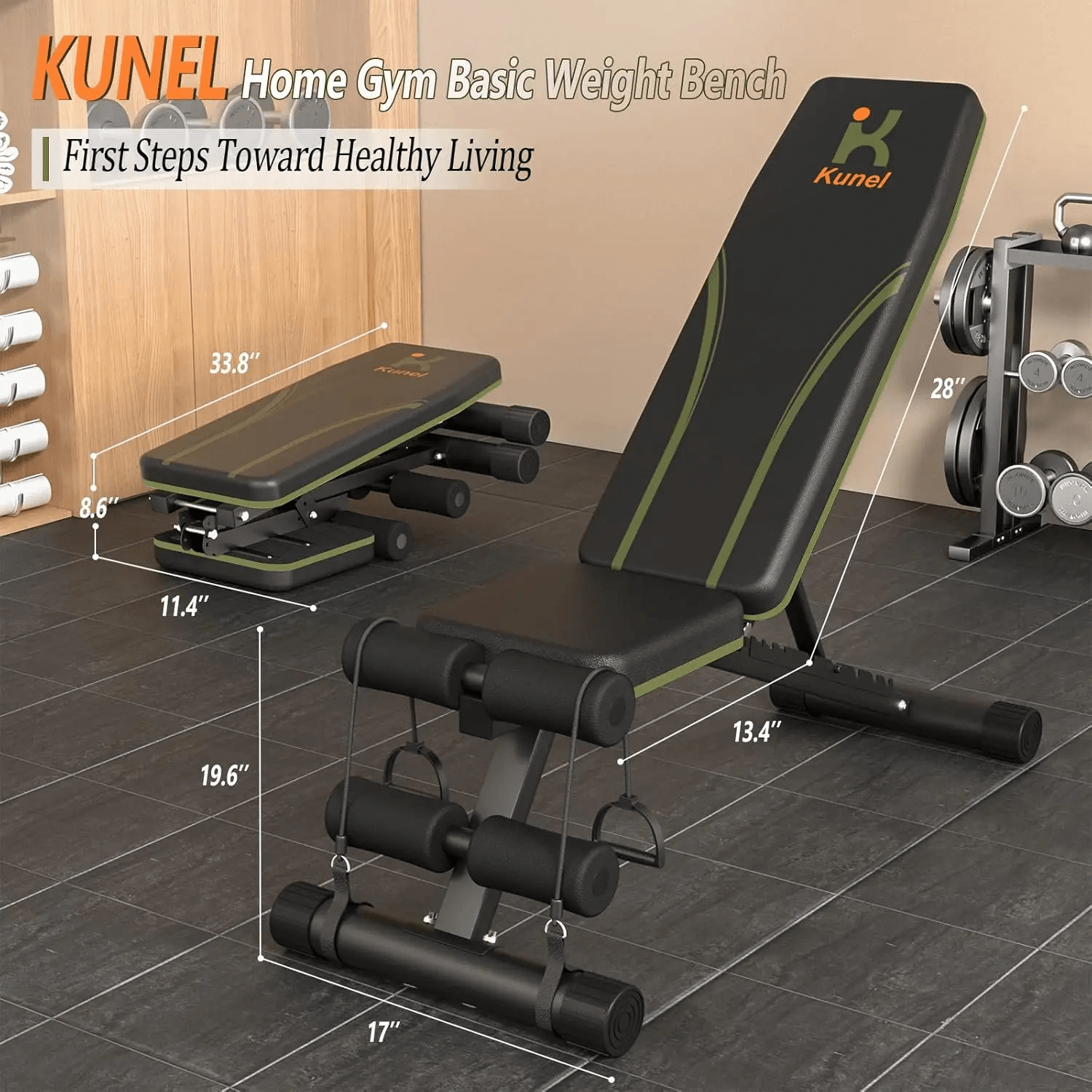 Foldable Weight Bench for Full-Body Workout - SF3443 in a home gym setup, showcasing adjustable features for various exercises.